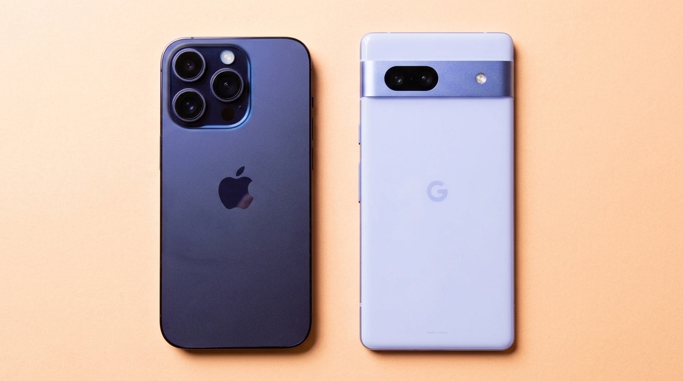 Un iPhone et un Google Pixel posés côte à côte sur un fond orange clair.