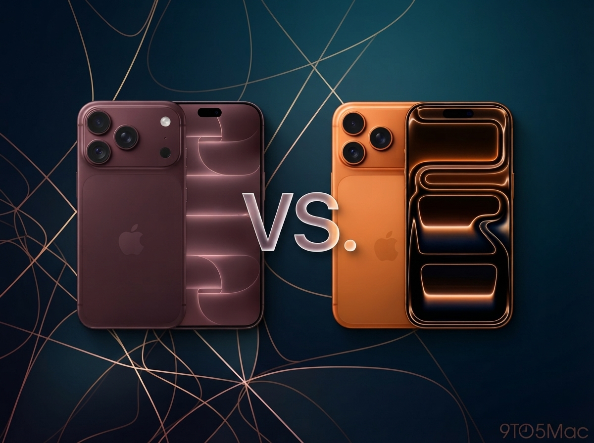 Comparaison de deux smartphones Apple de couleurs différentes sur un fond abstrait.