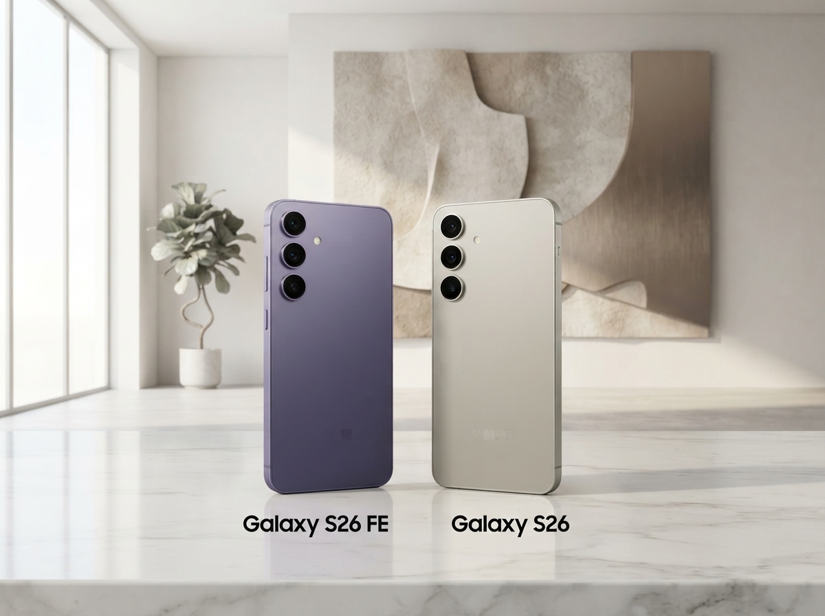 Deux smartphones Samsung Galaxy S26 FE et Galaxy S26 posés sur une table en marbre dans un intérieur.