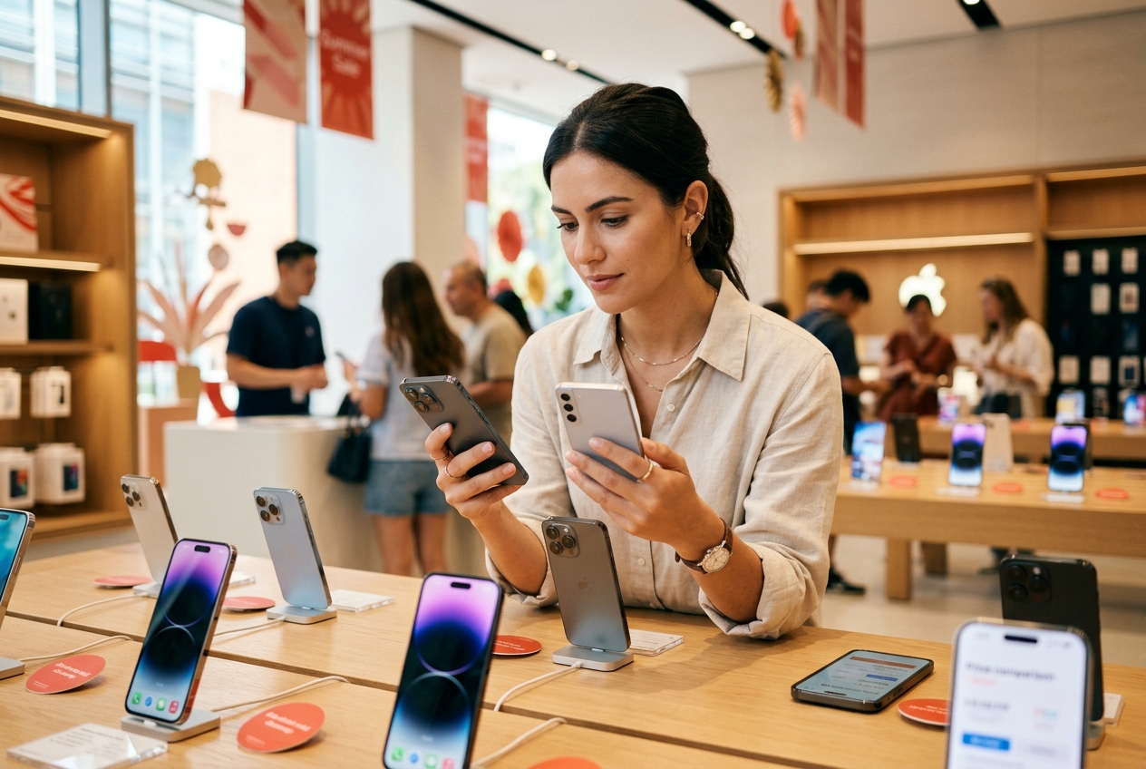 Client examinant des smartphones avec des étiquettes de réduction dans un magasin d'électronique.