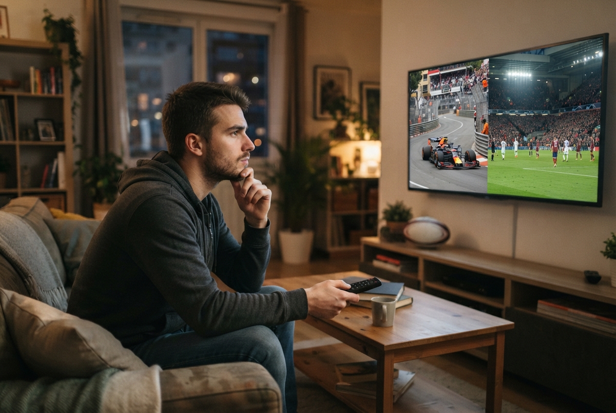 Jeune adulte assis sur un canapé, hésitant devant un téléviseur affichant des images de sport.