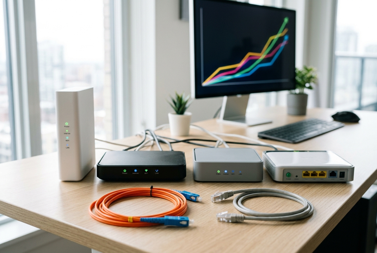 Quatre box internet alignées sur un bureau avec un câble fibre optique et une prise RJ45 en premier plan.