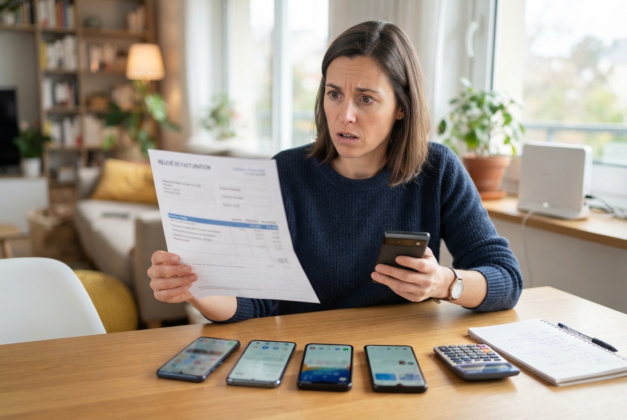 Une femme consultant une facture et quatre smartphones sur une table pour comparer des forfaits mobiles.