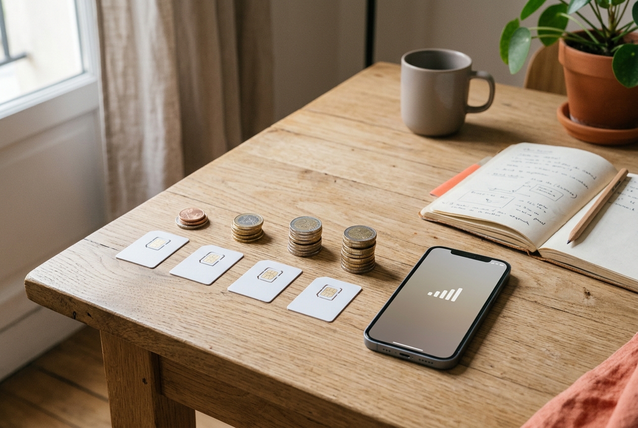 Quatre cartes SIM et des pièces de monnaie alignées sur une table près d'un smartphone et d'un carnet.