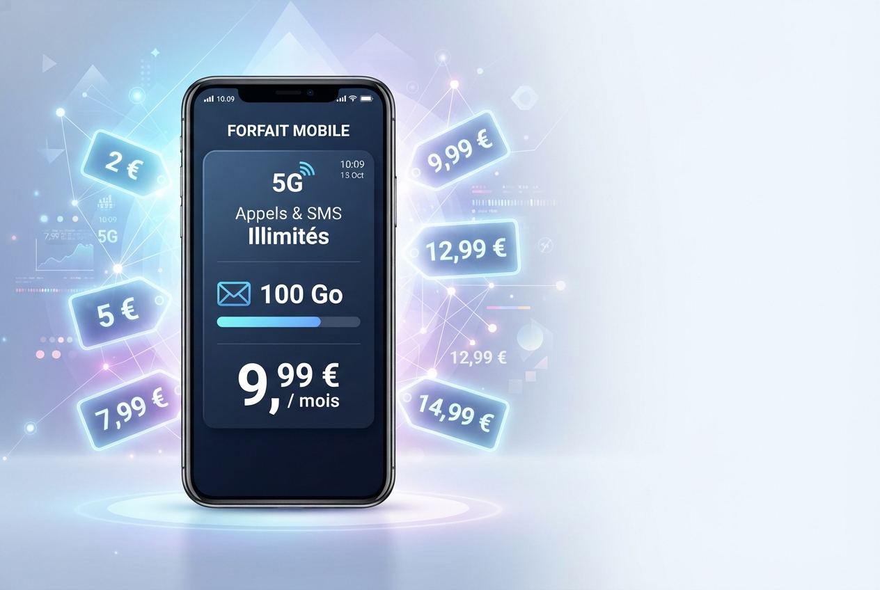Smartphone affichant des icônes de réseau et de données entouré d'étiquettes de prix pour des forfaits mobiles.