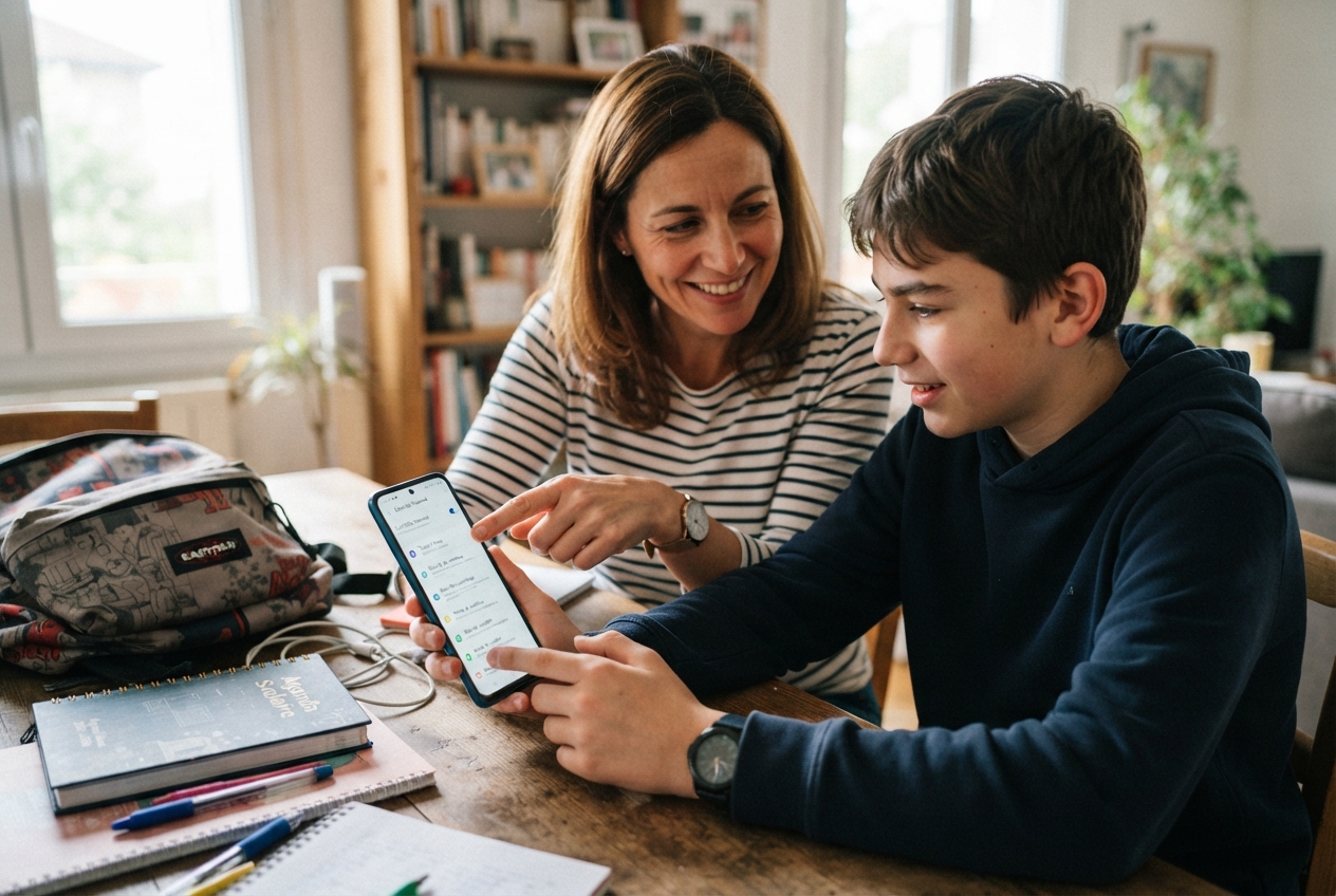 Un parent aide son enfant à configurer son smartphone pour la rentrée scolaire.