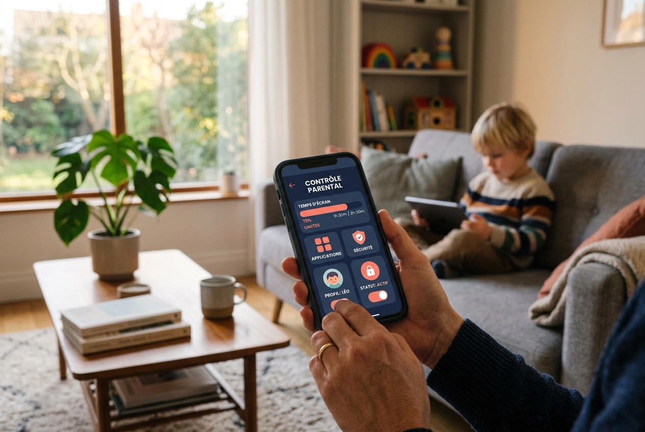 Main d'adulte tenant un smartphone avec interface de contrôle parental, enfant avec tablette en arrière-plan dans un salon.