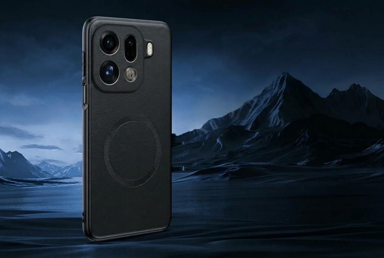 Coque de protection noire pour smartphone avec anneau magnétique, sur fond de paysage montagneux.