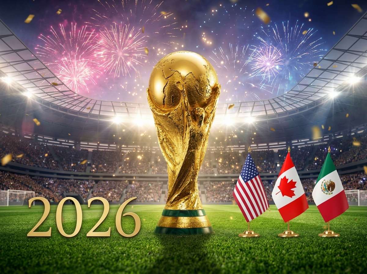 Trophée coupe du monde 2026 sur fond de stade de foot avec drapeaux USA, Canada et Mexique car option Voyage à 30€ chez SFR