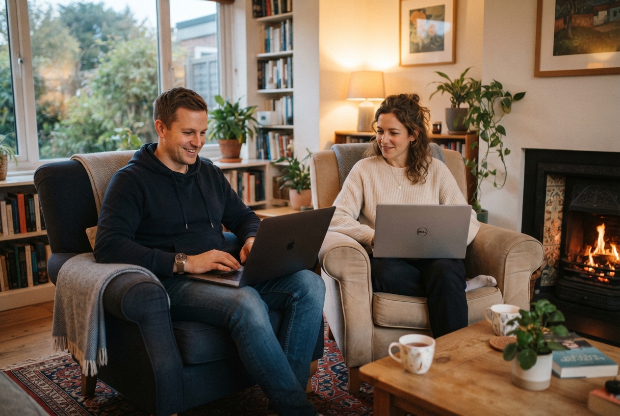 Un couple assis dans des fauteuils, chacun utilisant un ordinateur portable sur ses genoux.