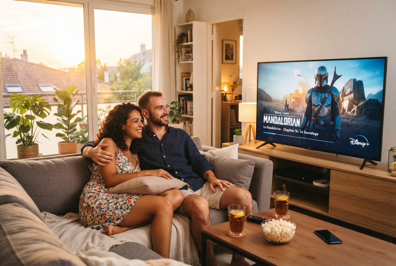 Un couple regarde une série sur Disney+ en été.