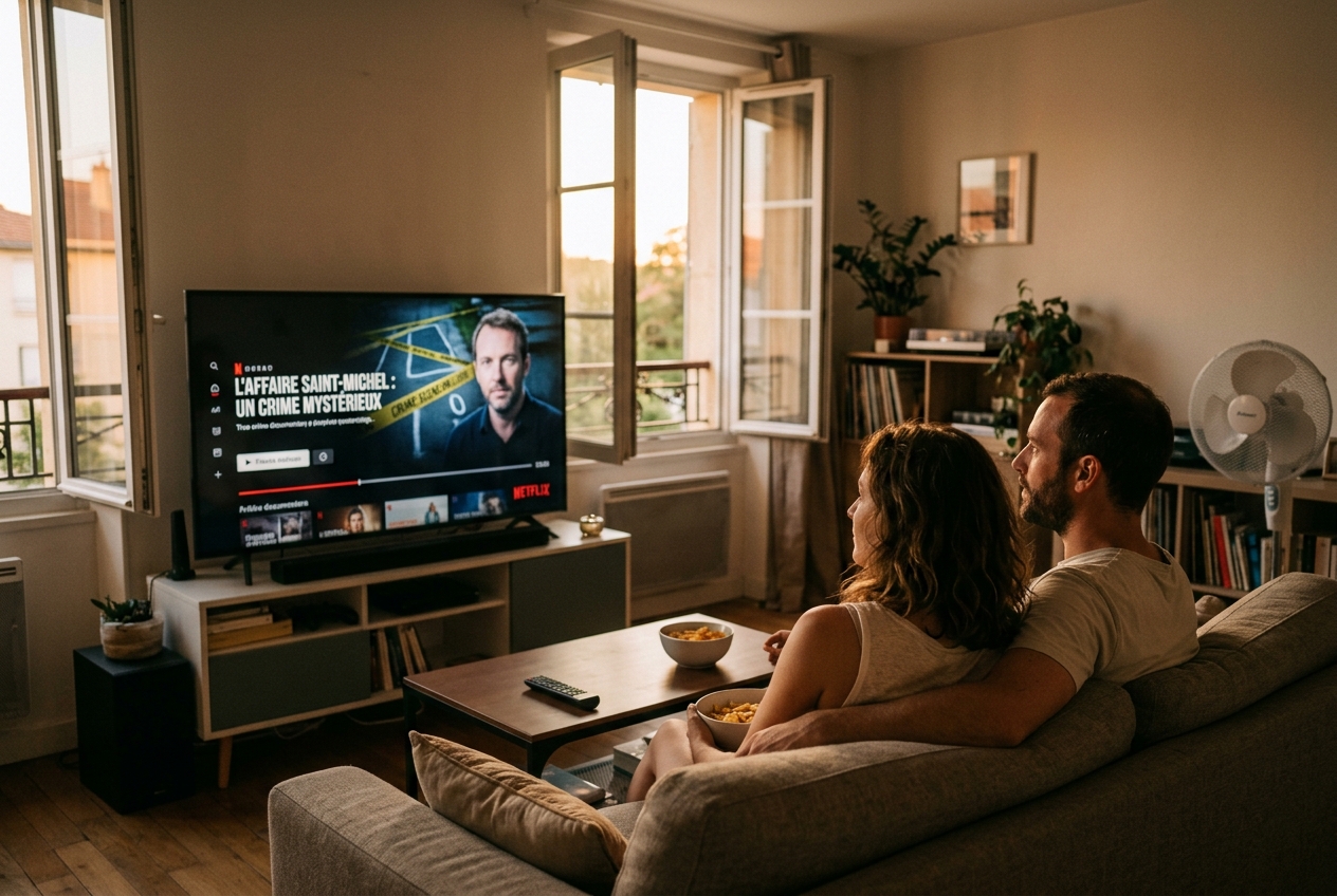 Un couple regarde un documentaire policier à la télévision pendant l'été.