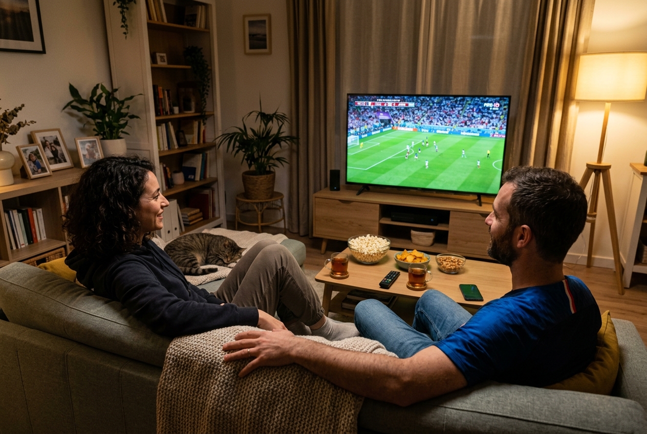 Un couple assis sur un canapé regarde un match de football de la Coupe du monde à la télévision.