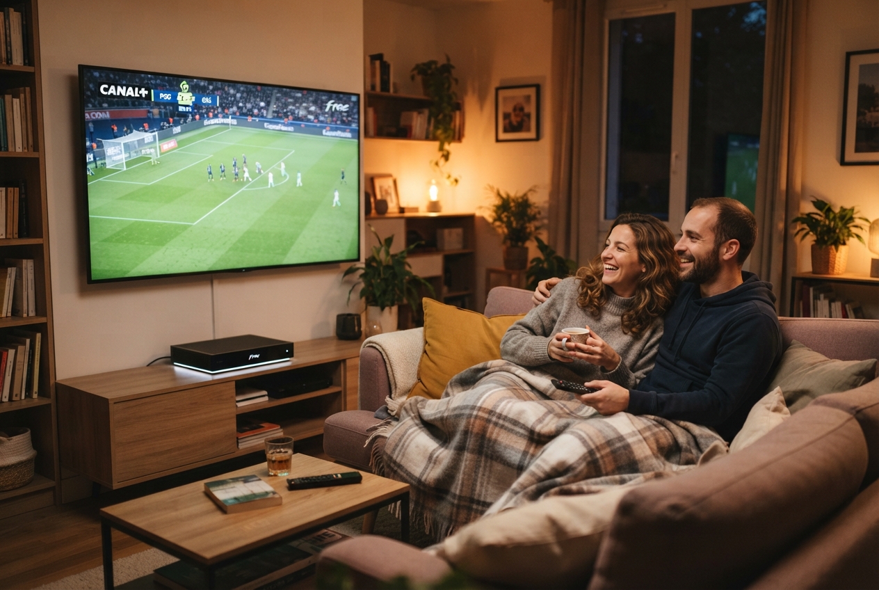 Un couple regarde la télévision sur un canapé avec une télécommande Freebox Ultra.