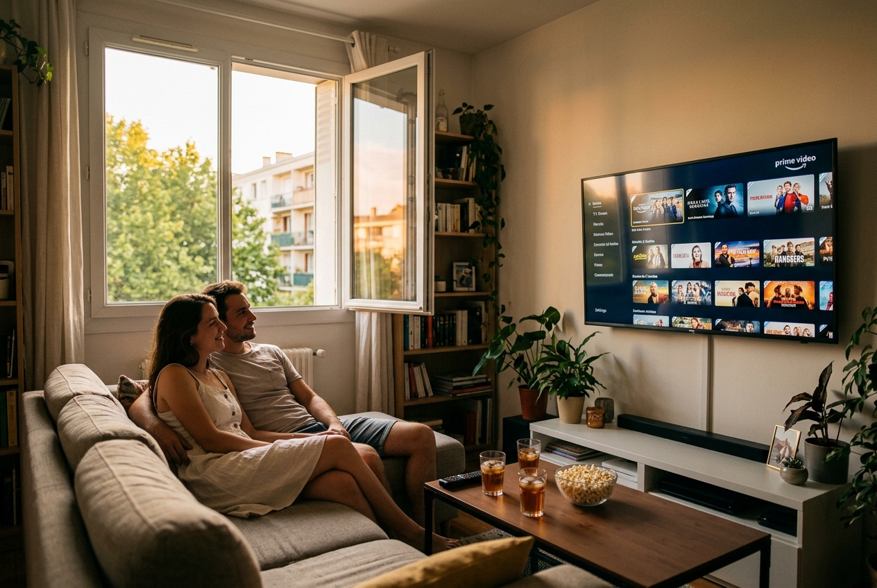 Un couple regarde une série sur l'interface Prime Video à la télévision en été.