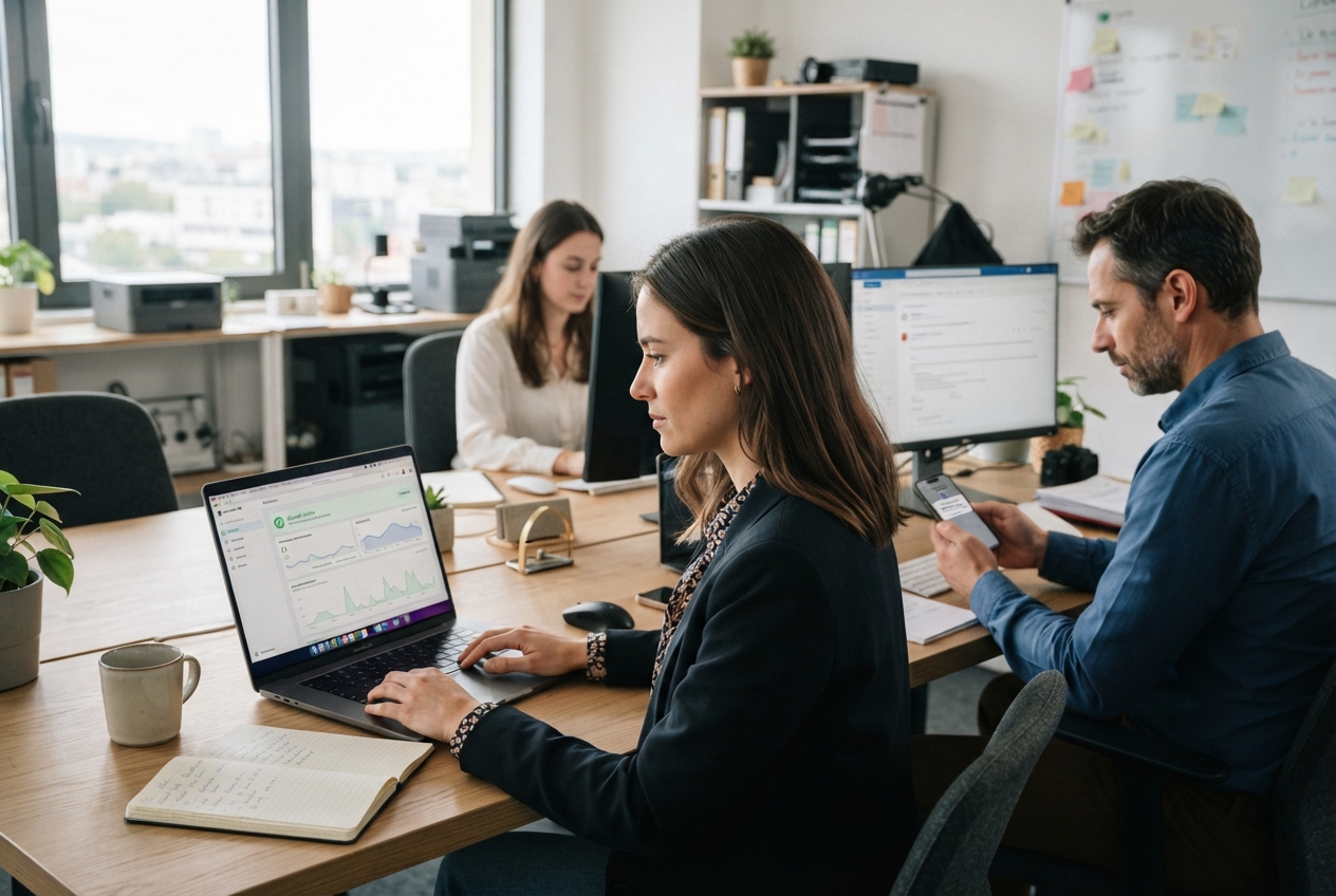 Collaborateurs dans un bureau moderne consultant un ordinateur et un smartphone pour la gestion de la cybersécurité.