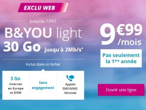 Forfait mobile Bouygues : 30 Go à 10€ à vie pour le B&You Light avec débit limité