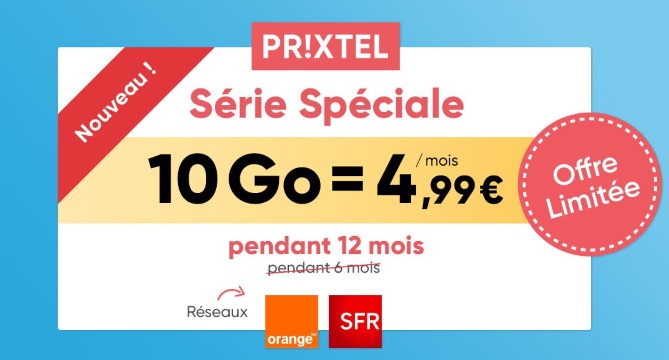 Forfait pas cher : 10 Go pour 5€/mois pendant un an chez Prixtel sur les réseaux Orange ou SFR
