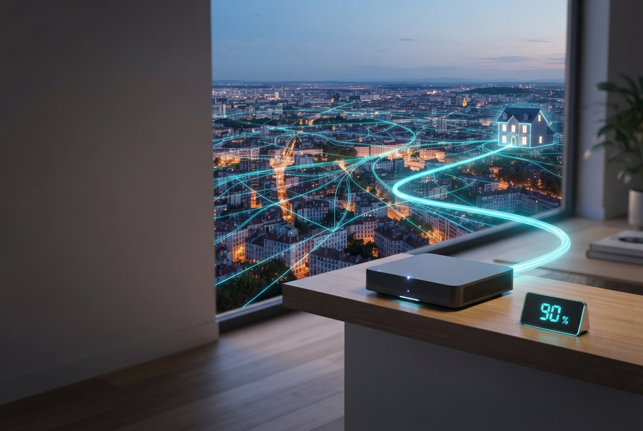 Box internet Free reliée par fibre optique à une ville avec un indicateur de progression à 90 %.