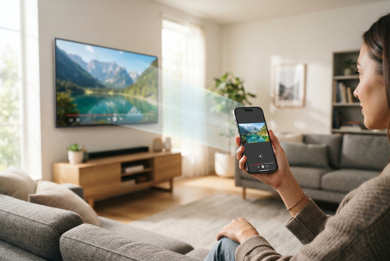 Main tenant un smartphone diffusant sans fil une vidéo sur un téléviseur dans un salon.