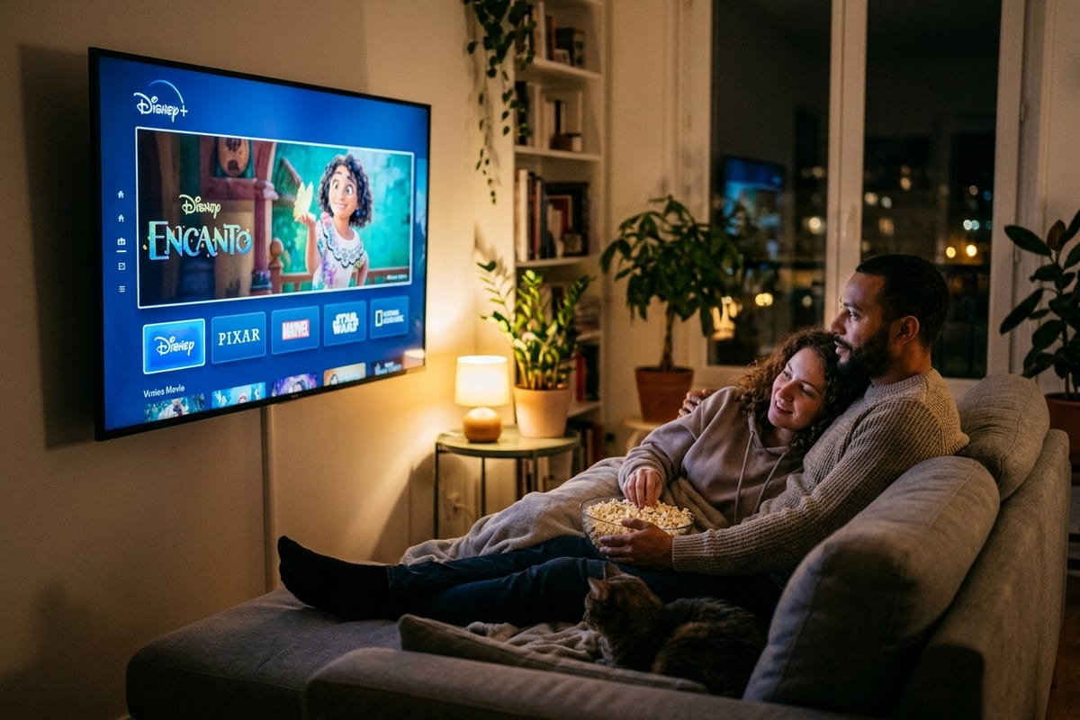 Un couple assis sur un canapé regarde un film sur un écran de télévision.