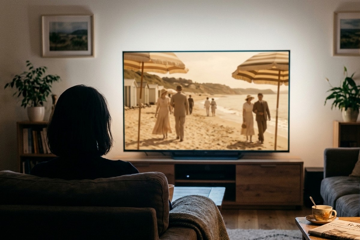 Salon en soirée, télévision allumée diffusant une scène de bord de mer aux tons d'époque, canapé et lampe d'appoint au premier plan