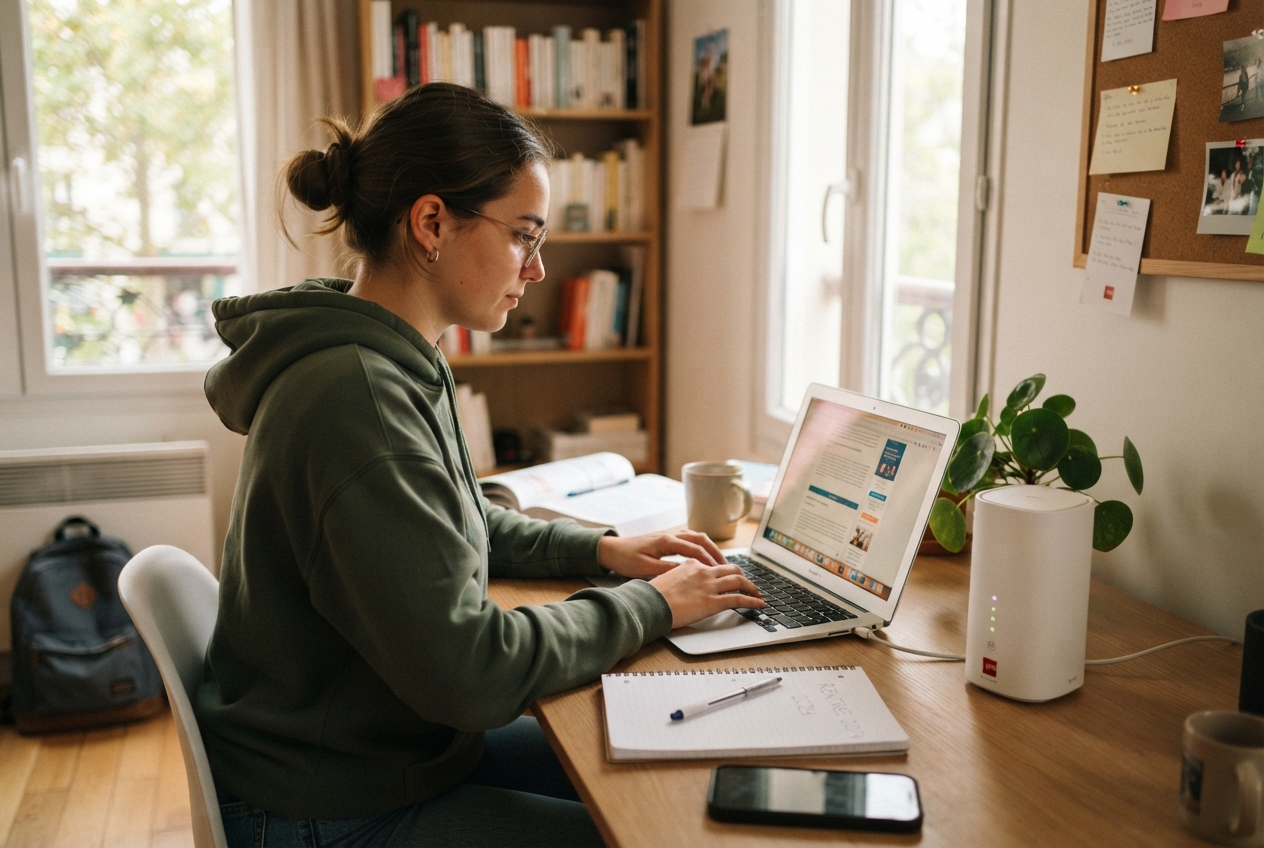 Étudiant utilisant un ordinateur portable connecté à un modem compact.