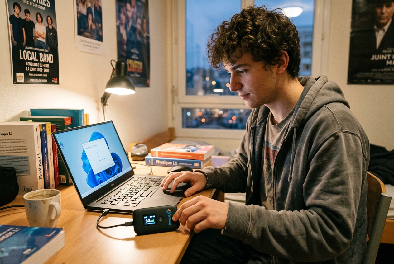Un étudiant utilise un modem 5G pour connecter son ordinateur portable à Internet.