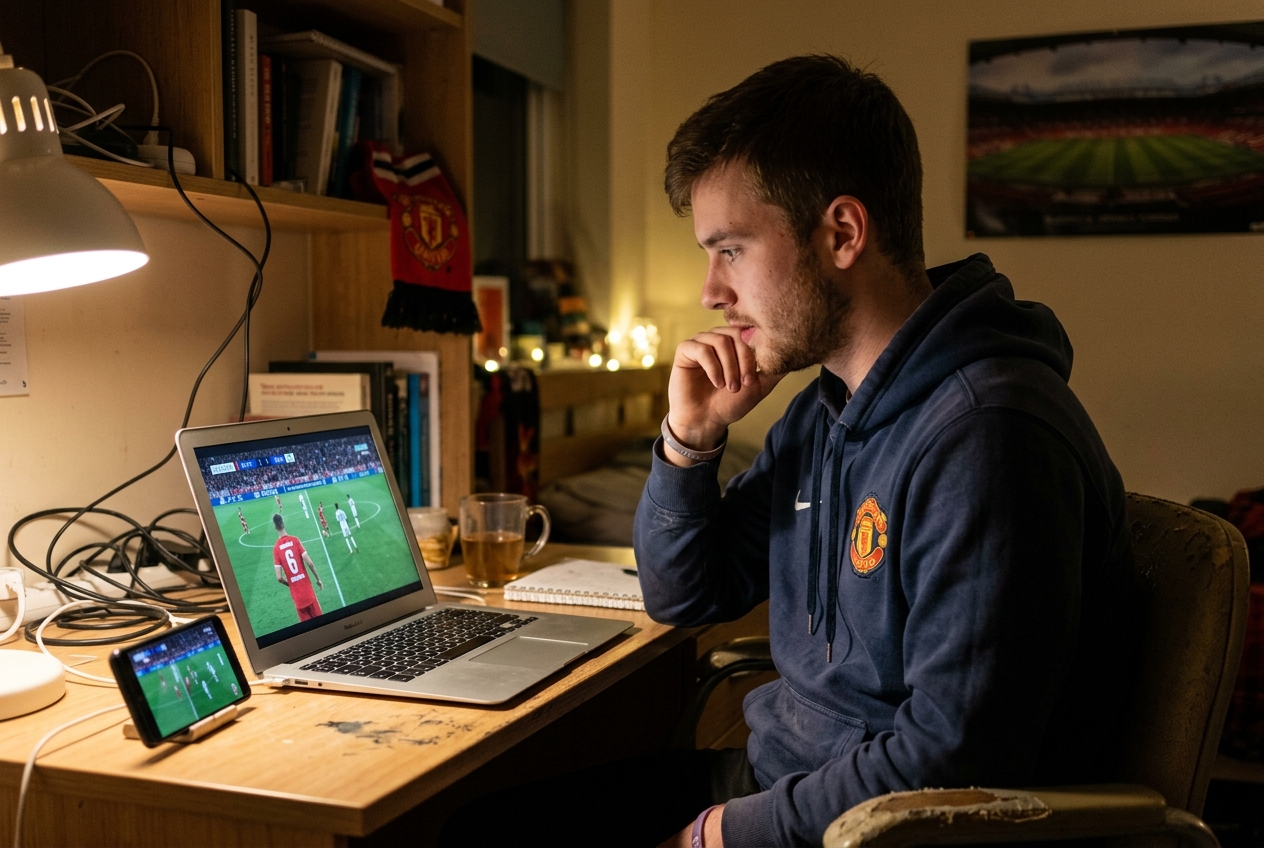 Jeune adulte regardant un match de football sur ordinateur portable avec un smartphone à côté dans un appartement.