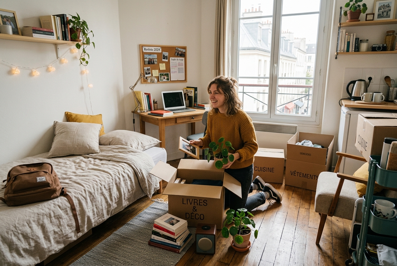Une étudiante déballe ses cartons dans un studio pour la rentrée universitaire.