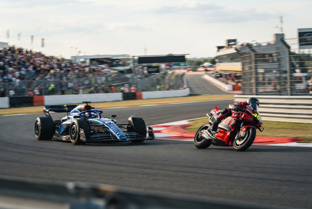 Une monoplace de Formule 1 et une moto de MotoGP roulant côte à côte sur un circuit automobile.