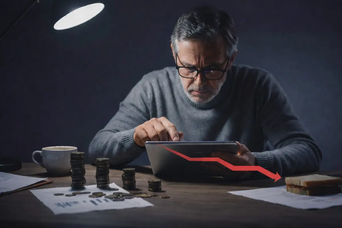 Homme devant PC, pièces empilées et flèche rouge vers le bas, calcule si le prix des forfaits mobile stagne ou non