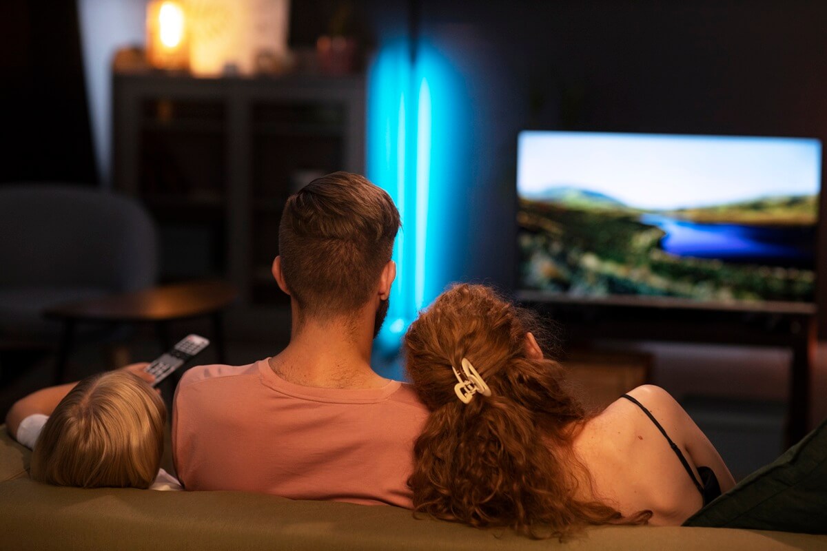 Famille dans canapé devant télévision, regarde 2 séries Netflix dans le Top 3 de la semaine