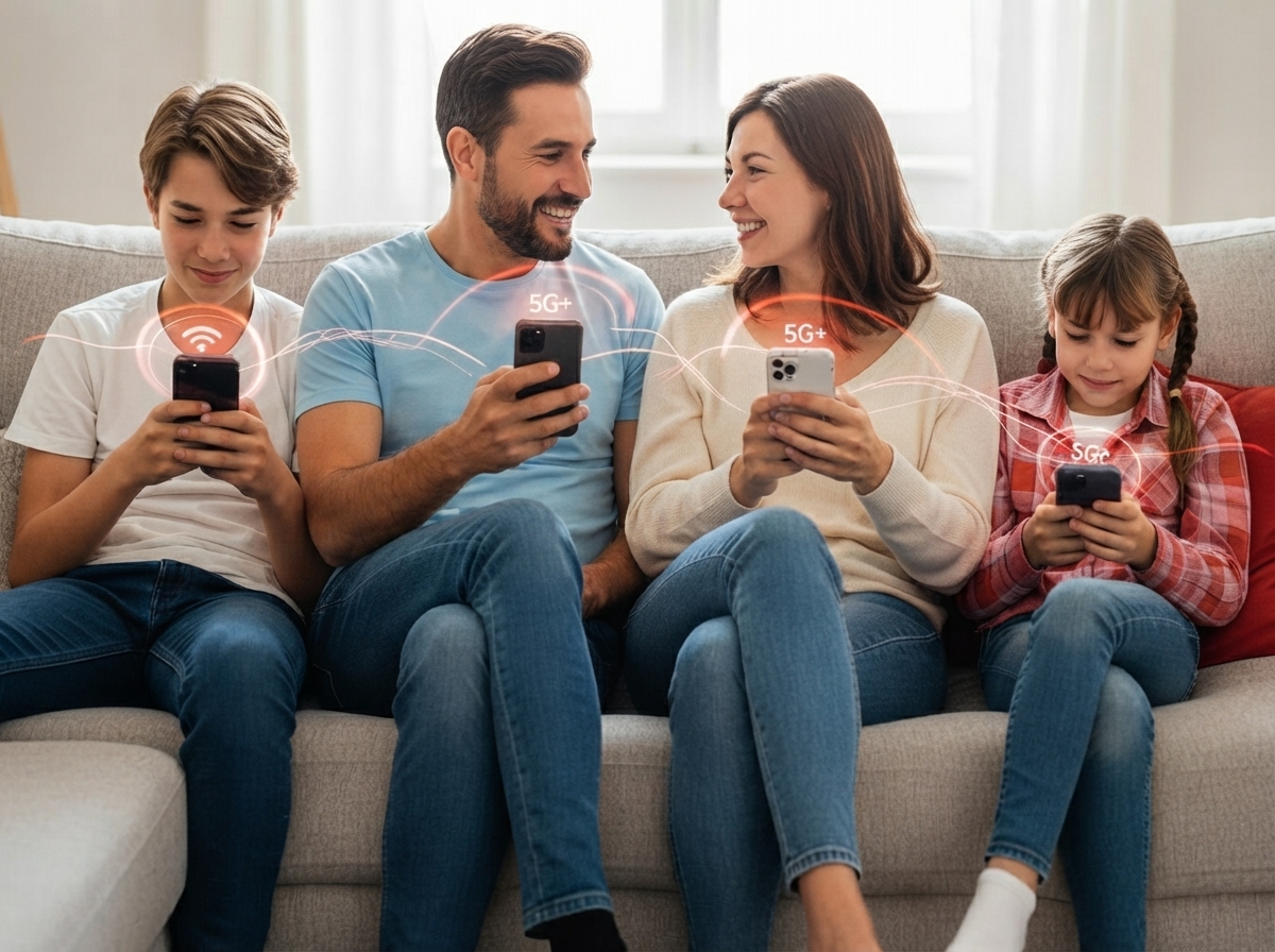 Famille avec smartphone dans canapé, partage ses giga grâce à SFR Multi