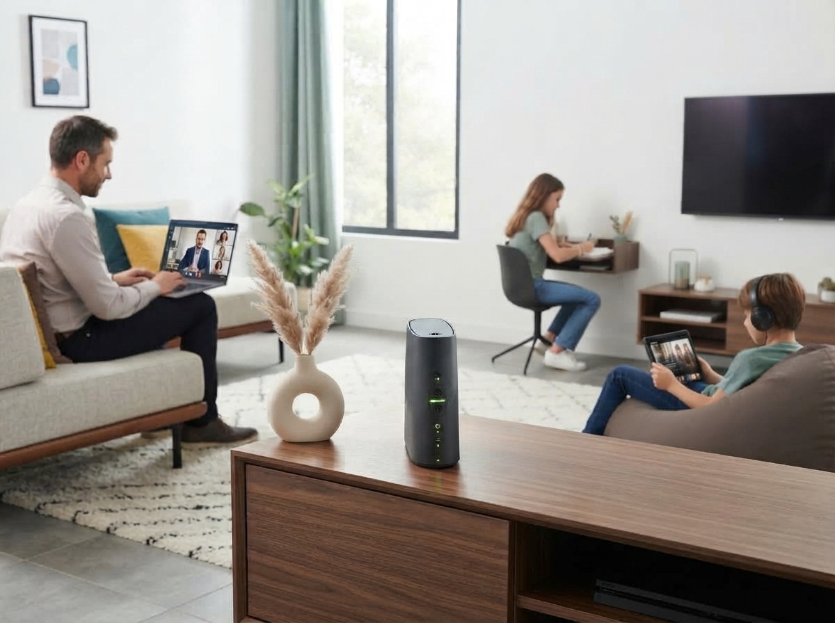 Modem posé sur un meuble dans un salon où une famille utilise des appareils connectés pour le travail et les loisirs.