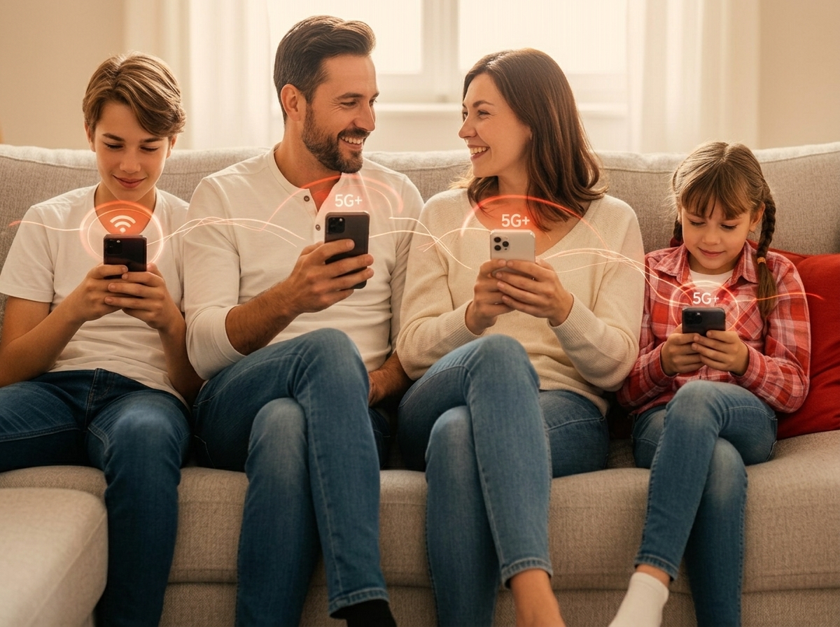 Famille sur canapé avec smartphones qui partagent des gigas grâce aux forfaits mobile de SFR