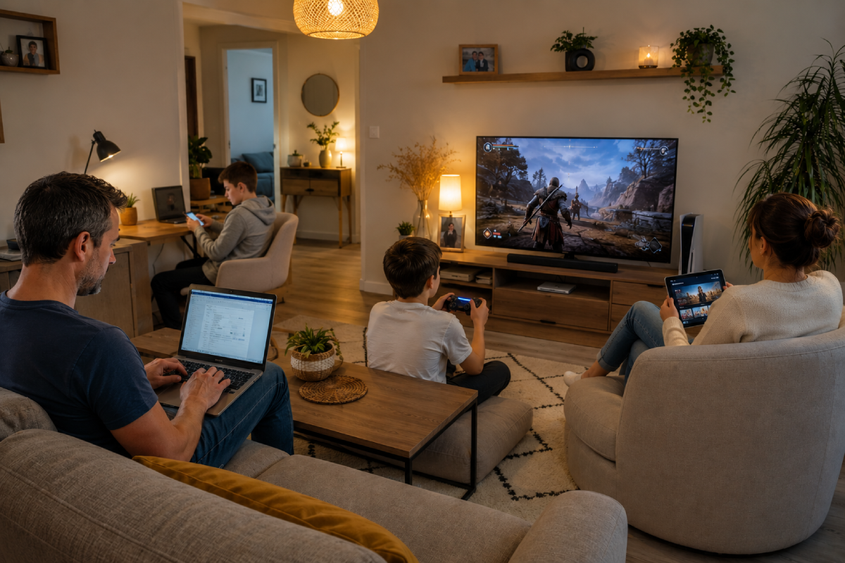 Une famille de quatre personnes connectée dans un salon : un fils joue à la console, le frere est sur son smartphone, le pere travaille sur un ordinateur portable et la mère regarde sa tablette