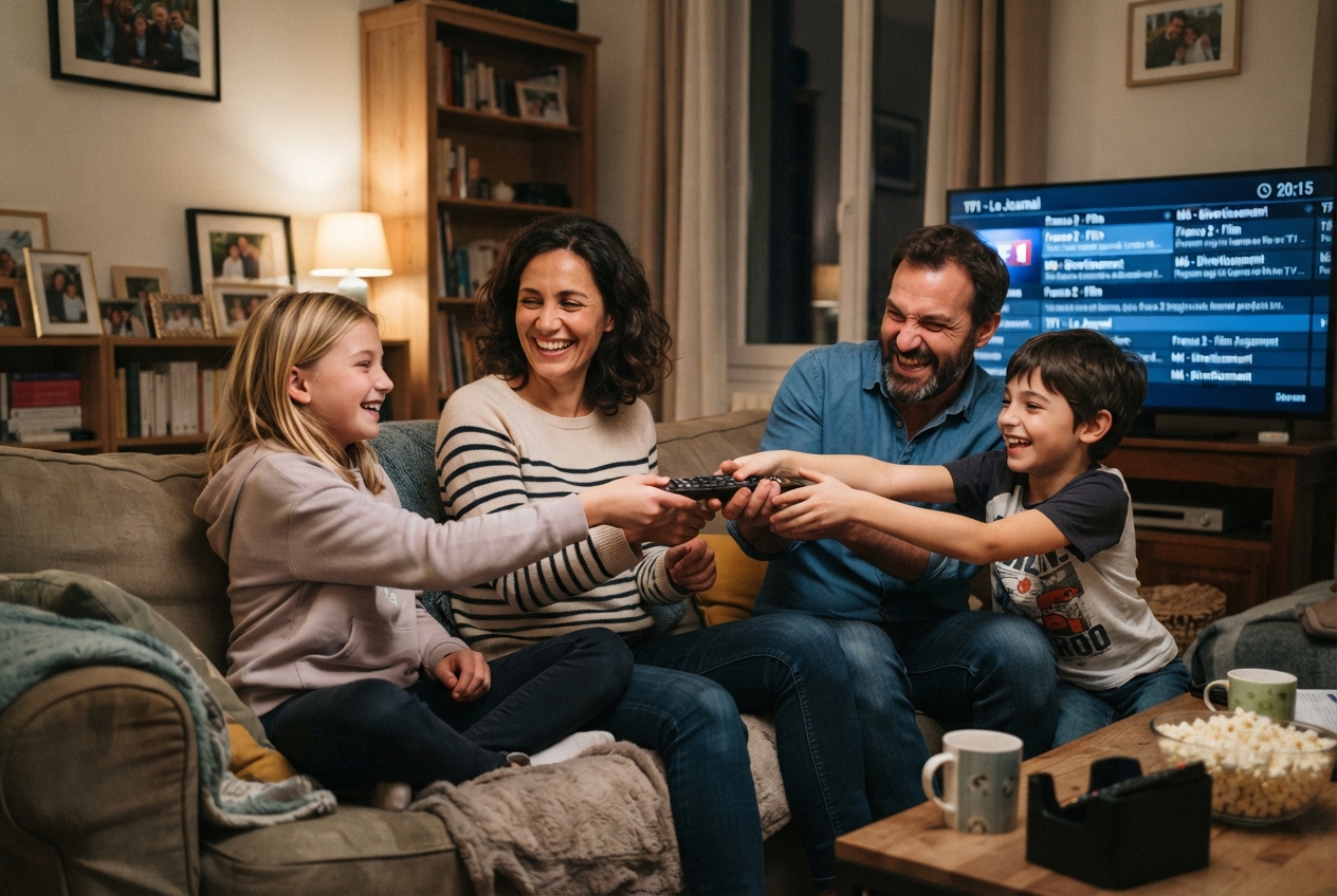 Une famille assise sur un canapé se dispute la télécommande devant un écran de télévision.