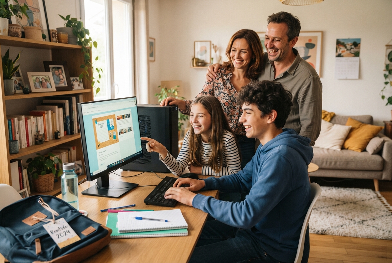 Une famille avec des adolescents utilise un ordinateur portable dans un salon.