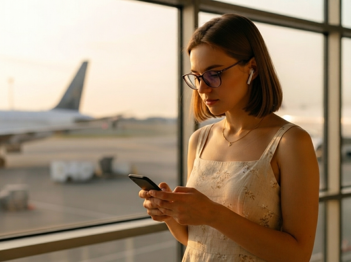 Femme regarde smartphone à l'aéroport, car forfait adapté pour l'étranger