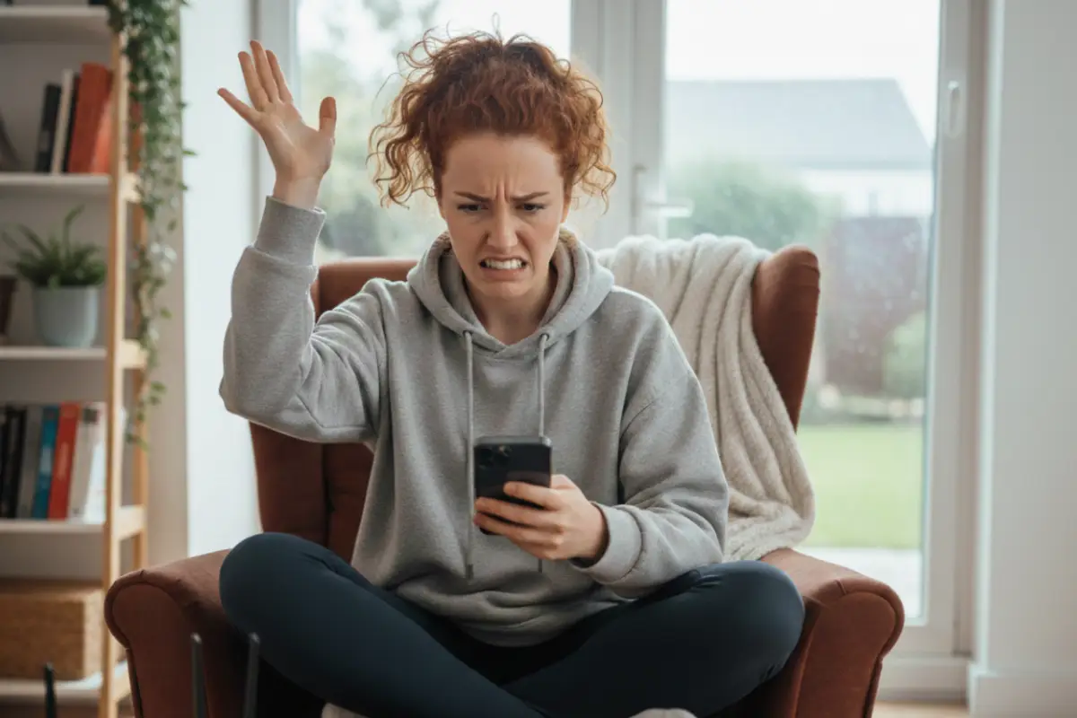 Femme dans son canapé avec smartphone, pas contente car elle capte mal