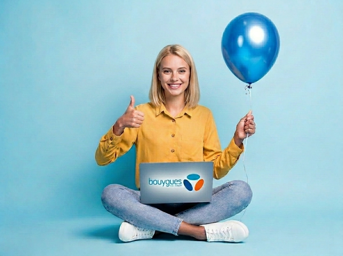 Femme assise en tailleur avec un pouce levé, un ballon bleu et un ordinateur portable avec le logo Bouygues Telecom.