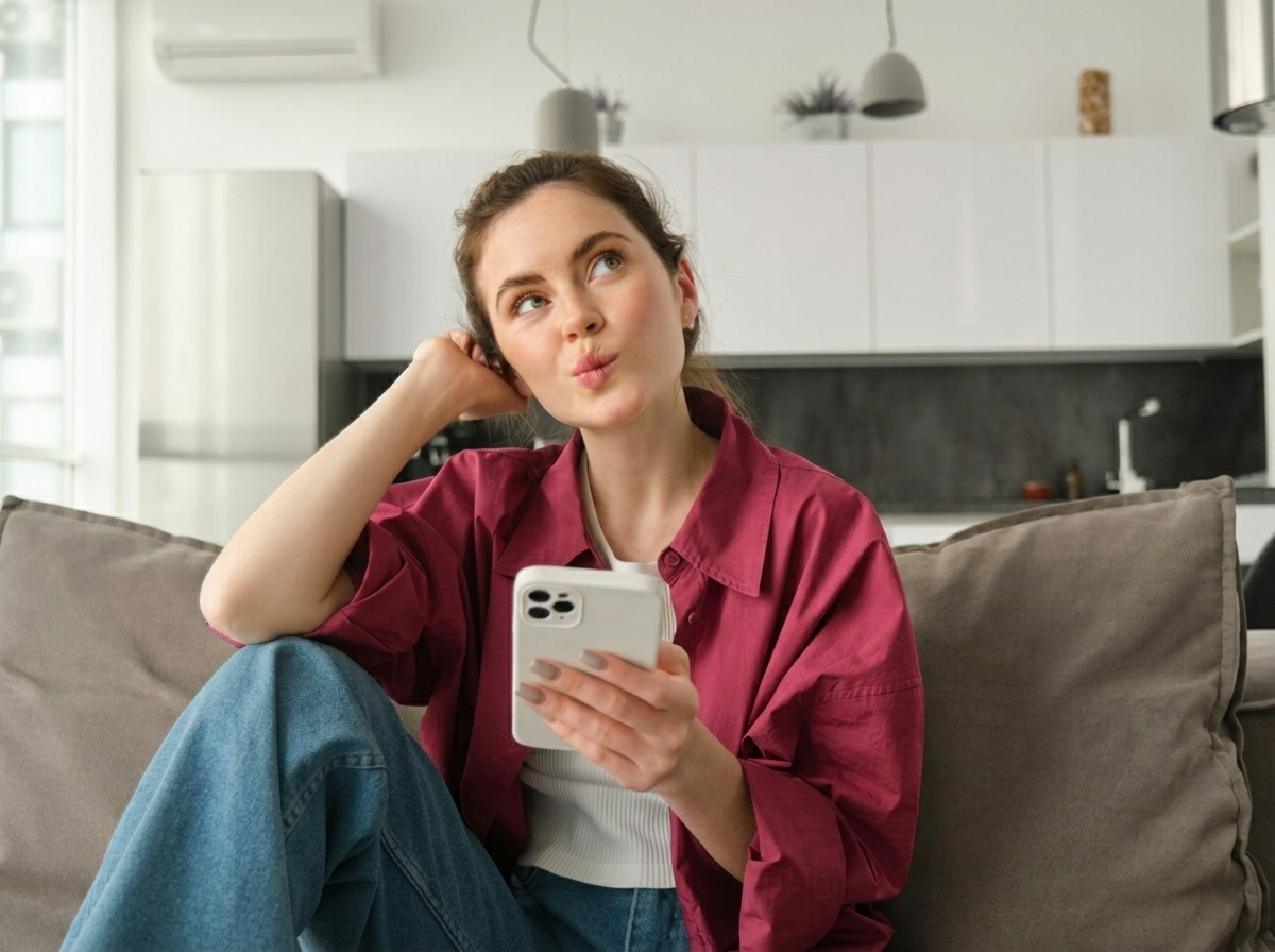 Femme sur canapé avec smartphone se demande combien de temps vont durer les supers forfaits de NRJ Mobile