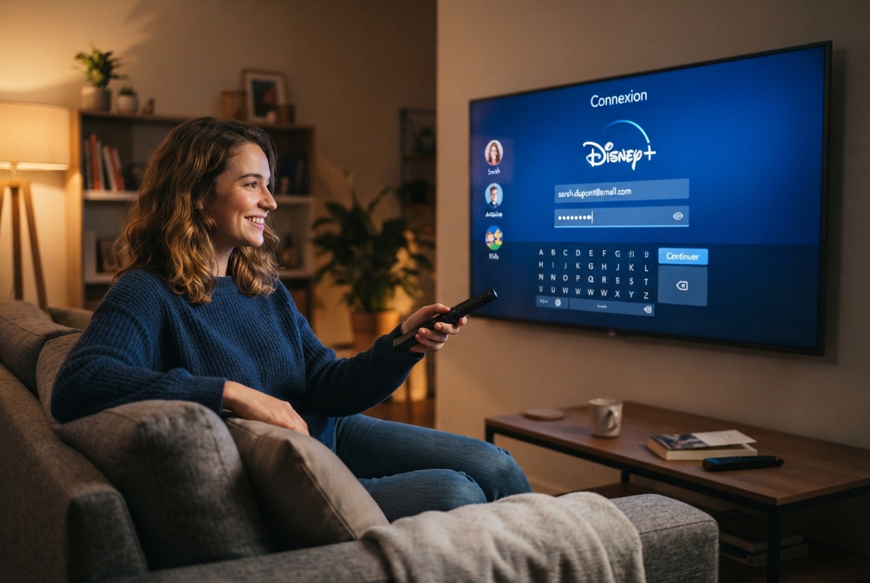 Une femme utilise la télécommande pour se connecter à l'application Disney+ sur sa télévision.
