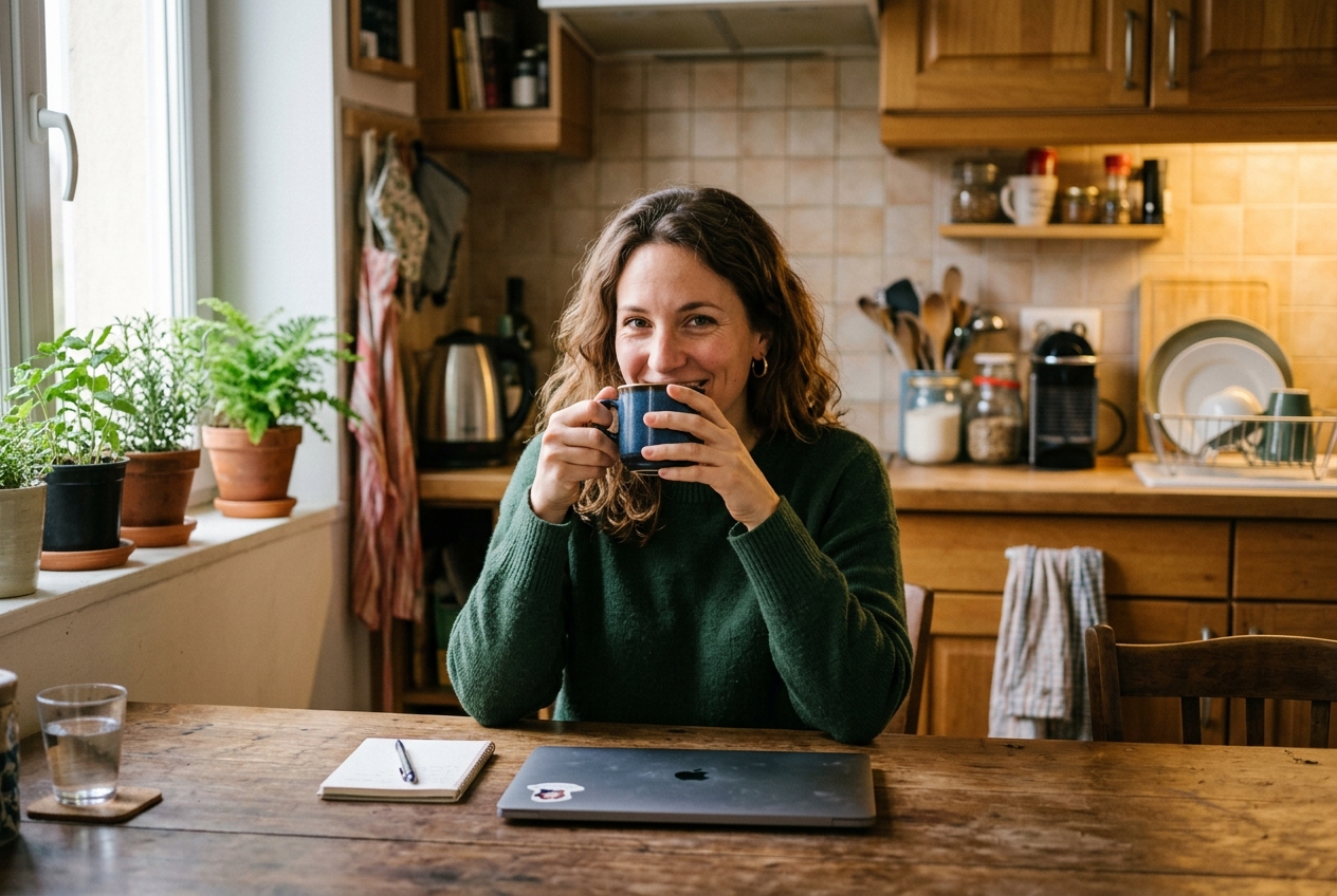 Une femme boit un café dans sa cuisine avec un ordinateur portable fermé devant elle sur la table.