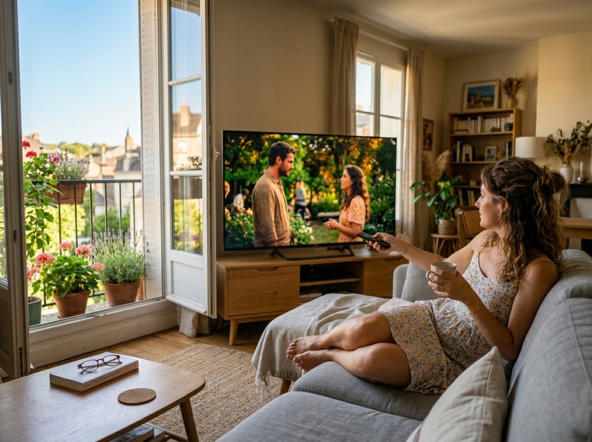 Une femme assise sur un canapé face à la télévision, pointant la télécommande vers l'écran.