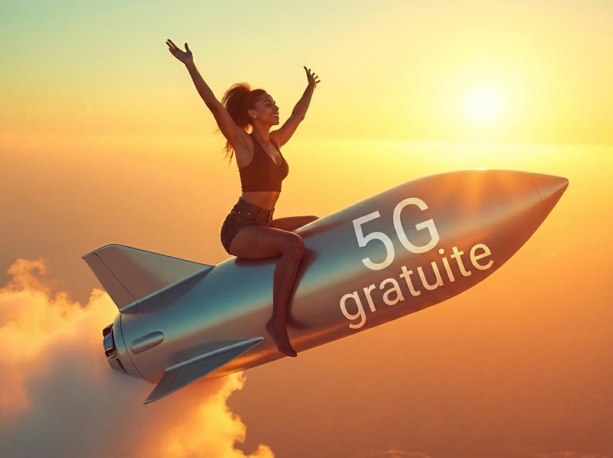 Femme assise sur fusée inscrite "5G gratuite" au coucher du soleil, car Prixtel offre la compatibilité sur tous ses forfaits