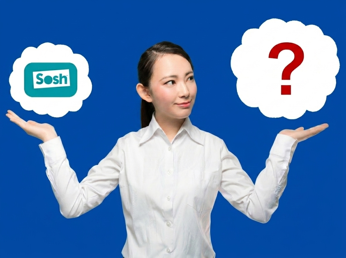 Femme tient deux nuages dans ses mains avec logo Sosh à gauche et point d'interrogation à droite : le forfait 5G de 150Go à 13.99€ de Sosh tient-il le coup face à la concurrence ?
