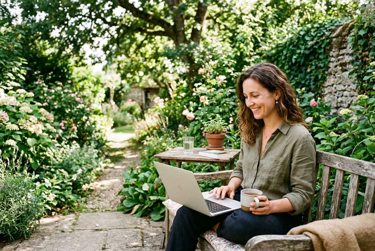 Une femme assise dans un jardin regarde une série sur son ordinateur portable.