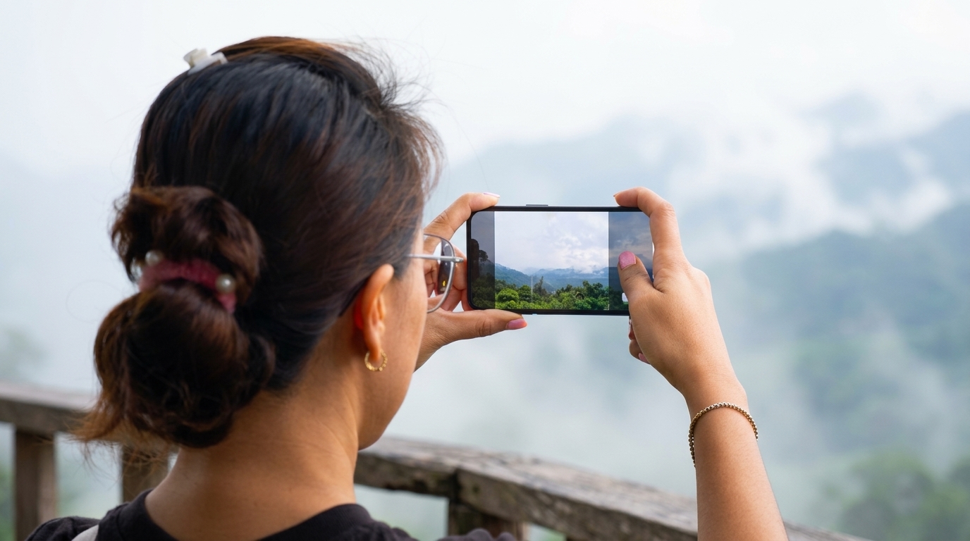 Une femme prend en photo un paysage montagneux brumeux avec son smartphone.